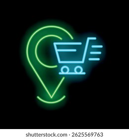 Neon shopping cart moving towards location pin symbolizing online shopping and e commerce
