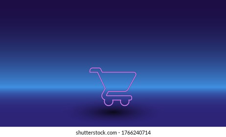 Neon shopping cart symbol on a gradient blue background. The isolated symbol is located in the bottom center. Gradient blue with light blue skyline