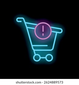Neon shopping cart with a warning symbol, representing potential problems encountered during the online shopping experience