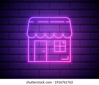 Neon Shopping Market Icon. Vector Illustration of Shop Object. Neon store icon isolated on brick wall background.
