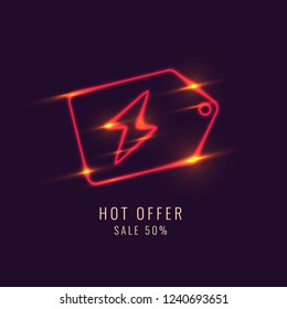 Neon shortcut icon for discounts on a dark background. Vector illustration.