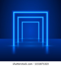 Neon Show Light Podium Blue Background. Vector Illustration