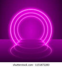 Neon show light podium purple background. Vector illustration