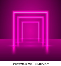 Neon show light podium purple background. Vector illustration