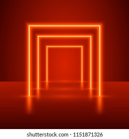 Neon show light podium red background. Vector illustration