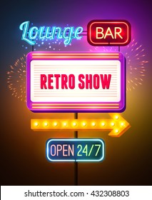 Neon showing sign poster with colored several glowing inscriptions on the road vector Illustration