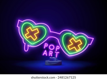 Neon shutter glasses sign in retro 80s style. Glowing sunglasses emblem on dark brick wall background. Vector illustration.