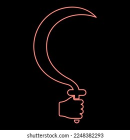 Neon sickle in hand in use Arm holding Crescent agriculture tool harvest concept red color vector illustration image flat style light