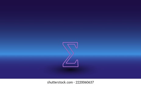 Neon sigma symbol on a gradient blue background. The isolated symbol is located in the bottom center. Gradient blue with light blue skyline