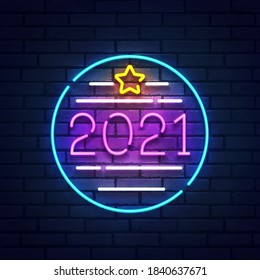 Neon sign 2021. Christmas and Happy New Year. Bright signboard, light banner. Vector illustration