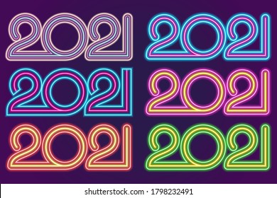 neon sign 2021 in six different variants. Vector illustration