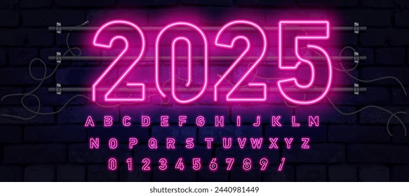 Neon sign 2025 year in speech bubble frame on brick wall background vector. Light banner on the wall background.