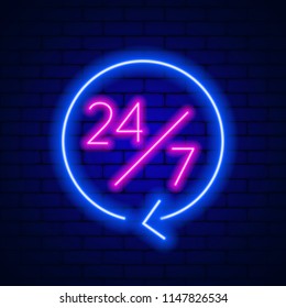 Neon sign 24 7 on brick wall background.