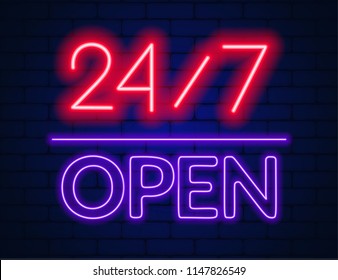 Neon sign 24 7 on brick wall background.