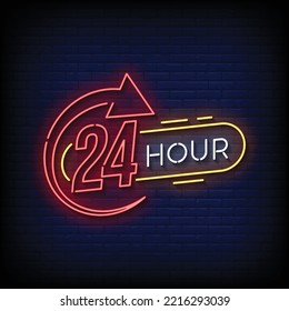 Neon Sign 24 hours with brick wall background vector