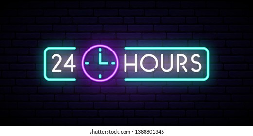 Neon sign 24 hours. Glowing shining design element for Club, Bar, Cafe. Vector banner.