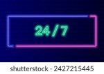 Neon sign 24 hours open in speech bubble frame on brick wall background vector. Light banner on the wall background. Overnight button open all day convenience, design template, night neon signboard