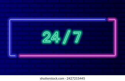 Neon sign 24 hours open in speech bubble frame on brick wall background vector. Light banner on the wall background. Overnight button open all day convenience, design template, night neon signboard