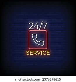 Neon Sign 24 hours service with brick wall background vector