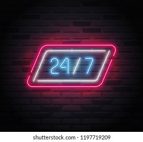 Neon sign - 24/7 open - with a slanted frame. Vector illustration