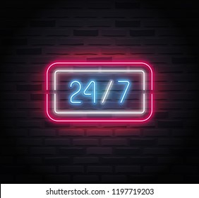 Neon sign - 24/7 open. Vector illustration