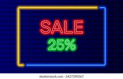 Neon sign 25 percent sale in speech bubble frame on brick wall background vector. Light banner on wall background. 25 percent sale button discounts and promotions, design template, neon signboard