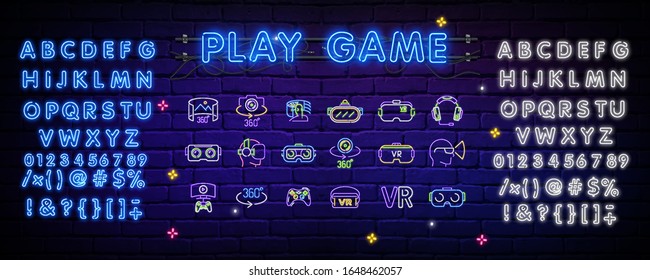 Neon sign 3 in the game, bright sign, light banner. The logo of the game. Creator of the neon sign. Editing neon text. Design template. Vector illustration