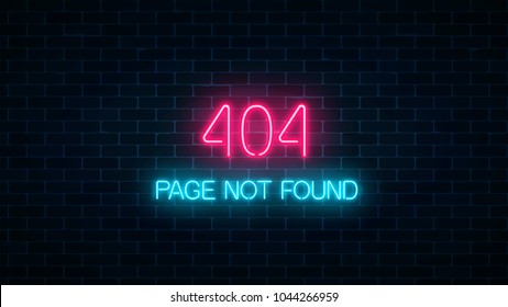 Neon sign of 404 error page not found on dark brick wall background. Red and blue neon connection error web site page. Vector illustration.