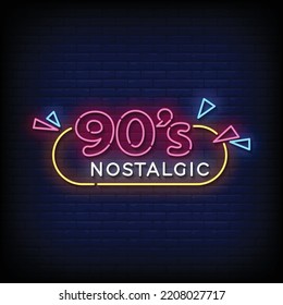 Neon Sign 90's nostalgic with Brick Wall Background vector