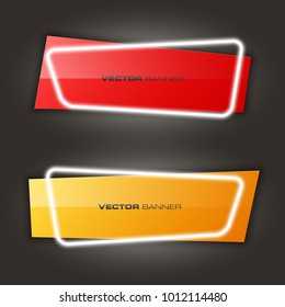 Neon sign. Abstract banner set. Nameplate neon shape. Rectangle form advertising banner poster. Flat title banner image. Advertising neon design shape. label ribbon tag. Straight arrow ribbon banner