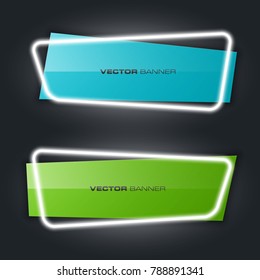 Neon sign. Abstract banner set. Nameplate neon shape. Rectangle form advertising banner poster. Flat title banner image. Advertising neon design shape. label ribbon tag. Straight arrow ribbon banner