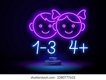 Neon sign of age limit 6, 12, 14,16,18 and 21 plus on a transparent background. Age restrictions symbols.