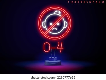 Neon sign of age limit 6, 12, 14,16,18 and 21 plus on a transparent background. Age restrictions symbols.