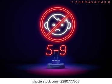 Neon sign of age limit 6, 12, 14,16,18 and 21 plus on a transparent background. Age restrictions symbols.