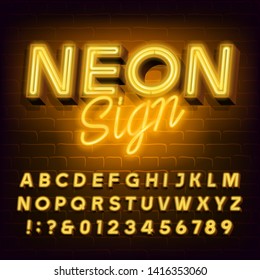 Neon Sign alphabet font. 3D light bulb retro letters and numbers. Stock vector typescript for your typography design.