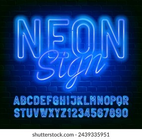 Neon Sign alphabet font. Blue neon color letters and numbers. Stock vector typescript for your design.