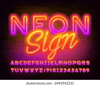 Neon Sign alphabet font. Colorful bright neon letters, numbers and symbols. Stock vector typescript for your design.