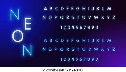 Neon Sign alphabet font. Colorful bright neon letters, numbers and symbols. Stock vector typescript for your design.