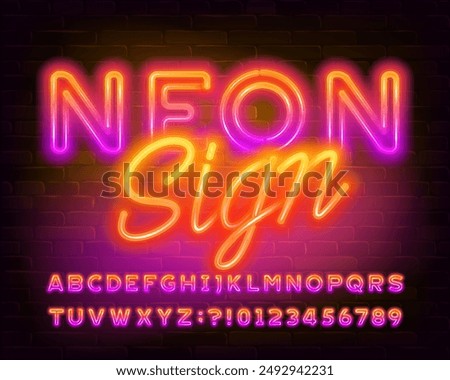 Neon Sign alphabet font. Colorful bright neon letters, numbers and symbols. Stock vector typescript for your design.