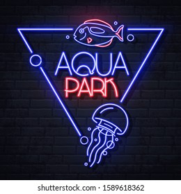 Neon sign aqua park with fish and jellyfish. Vintage electric signboard.