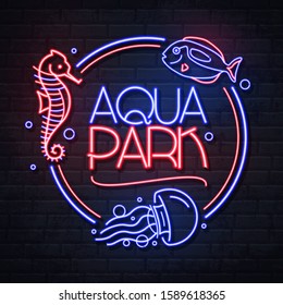 Neon sign aqua park with sea hourse, fish and jellyfish. Vintage electric signboard.