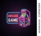Neon sign of Arcade game machine. Neon entertainment emblem, bright banner. Advertising design. Night light signboard. Vector illustration.