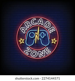 Neon Sign arcade Zone mit Backsteinwand Hintergrund Vektorgrafik