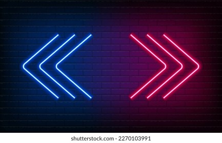 Neon sign Arrow blue and pink on brick wall background. Vintage electric signboard with bright neon lights. Neon symbol pointer light. Bar or Cafe with coffee. Night Club Drink. Vector illustration.