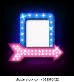 Neon sign with arrow and glowing light background for your sale banners, sale flayers or advertising