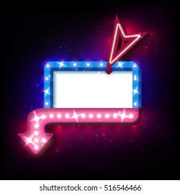 Neon sign with arrow and glowing light background for your sale banners, sale flayers or advertising