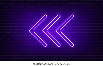 Neon sign Arrow Left purple on brick wall background. Vintage electric signboard with bright neon lights. Neon symbol pointer light. Bar or Cafe with coffee. Night Club Drink. Vector illustration