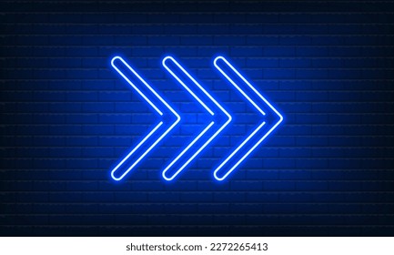 Neon sign Arrow Right blue on brick wall background. Vintage electric signboard with bright neon lights. Neon symbol pointer light. Bar or Cafe with coffee. Night Club Drink. Vector illustration