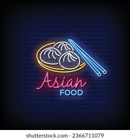 Neon Sign asian food with brick wall background vector