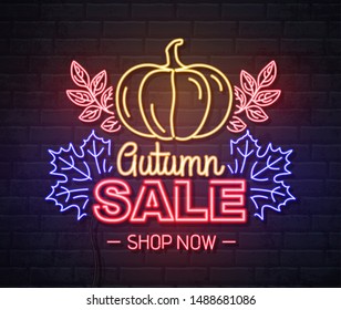 Neon sign autumn big sale with pumpkin on brick background. Vintage electric signboard.
